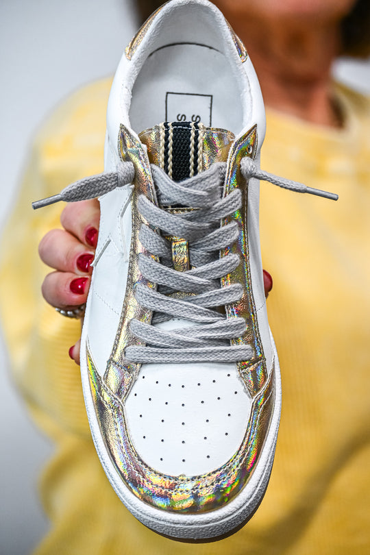 ShuShop Paz gold sneaker women white sneaker with gold iridescent accents and gray laces
