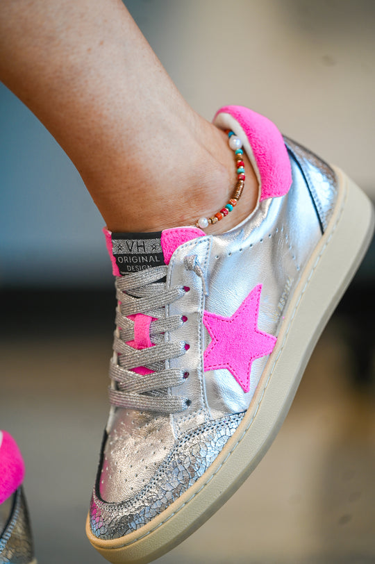 Vintage Havana sneaker fashion silver sneakers with pink star and accents featuring laces and cushioned sole