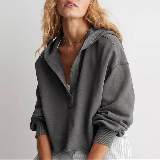Oversized Hooded V Neck Sweatshirt Pullover Top: Dark Grey / XL