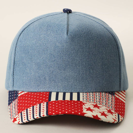 Denim Crown Patchwork USA Flag Print Brim Trucker Hat: DENIM / ONE SIZE