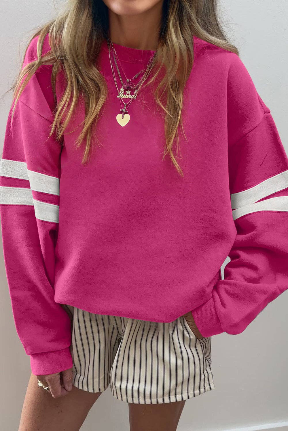 Varsity Stripe Drop Shoulder Oversized Women’s Sweatshirt: Fiery Red / 65%Polyester+35%Cotton / M
