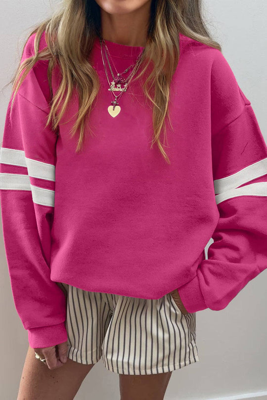 Varsity Stripe Drop Shoulder Oversized Women’s Sweatshirt: Fiery Red / 65%Polyester+35%Cotton / XL