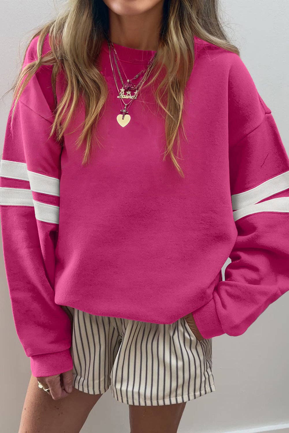 Varsity Stripe Drop Shoulder Oversized Women’s Sweatshirt: Fiery Red / 65%Polyester+35%Cotton / S
