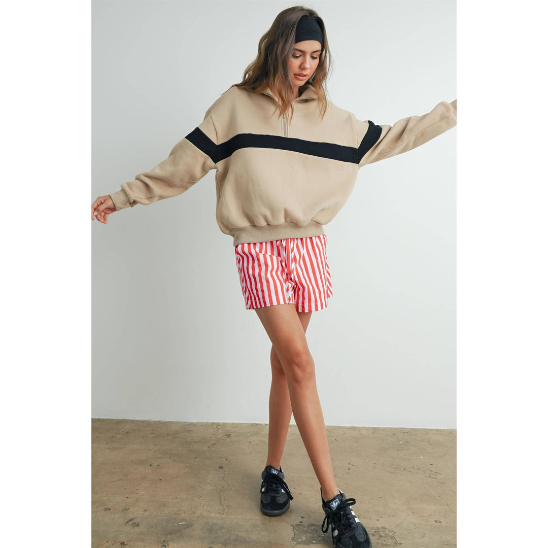 Two-Toned Half Zip Collar Sweatshirt - BMT7535: GREY / BLUE / S
