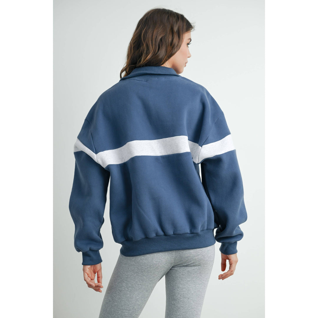 Two-Toned Half Zip Collar Sweatshirt - BMT7535: GREY / BLUE / L