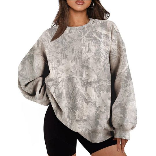 Camo Branch Print Oversized Crewneck Sweatshirt: Gray / 95%Polyester+5%Elastane / XL