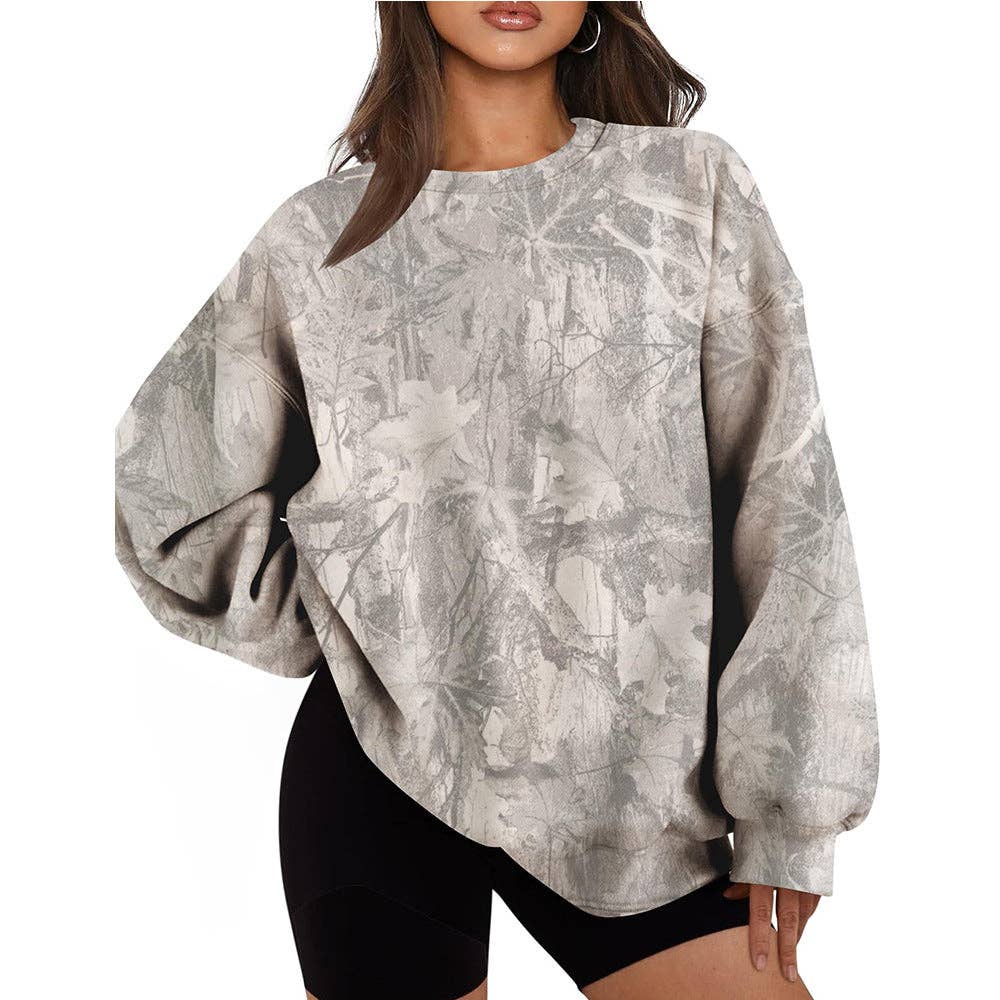 Camo Branch Print Oversized Crewneck Sweatshirt: Gray / 95%Polyester+5%Elastane / M