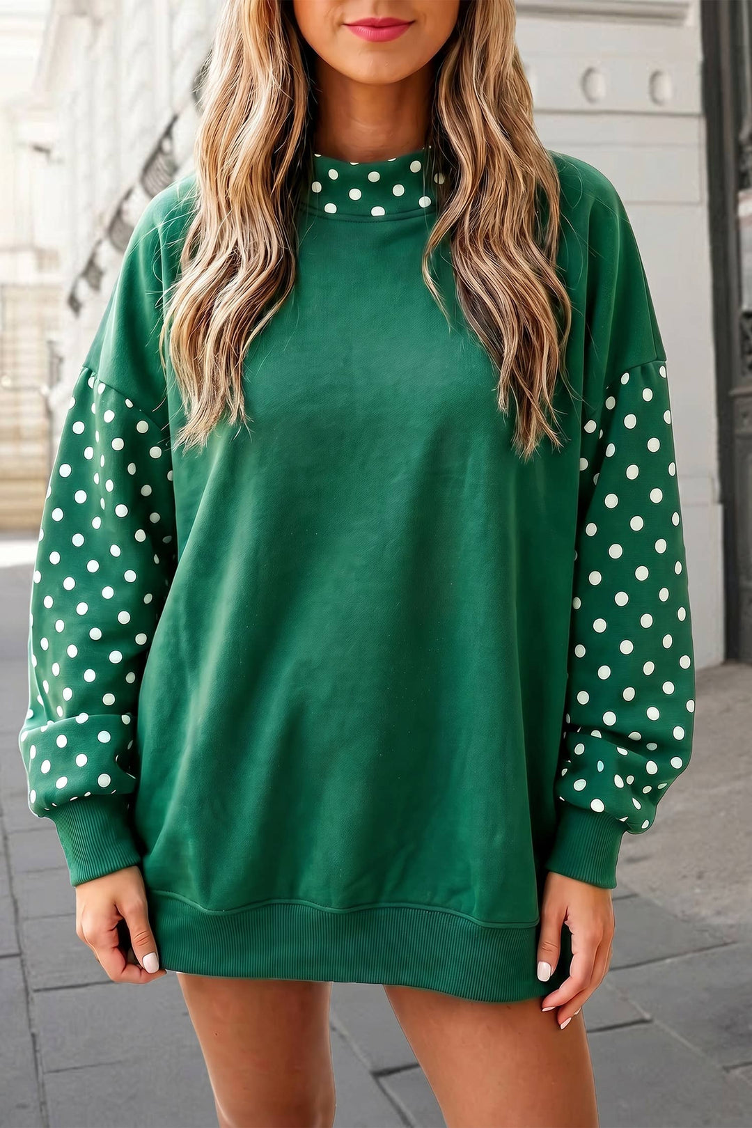 Polka dot print Patchwork Mock Neck Sweatshirt FW26 | S-XL: Evergreen / M