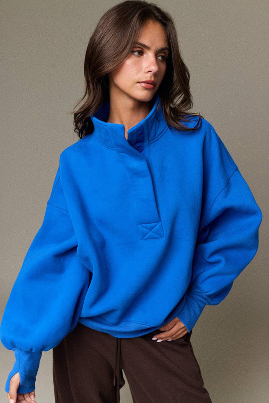PT18729 - High Collar Half Button-Up Relaxed Fit Pullover: Red / S-M-L (2-2-2)