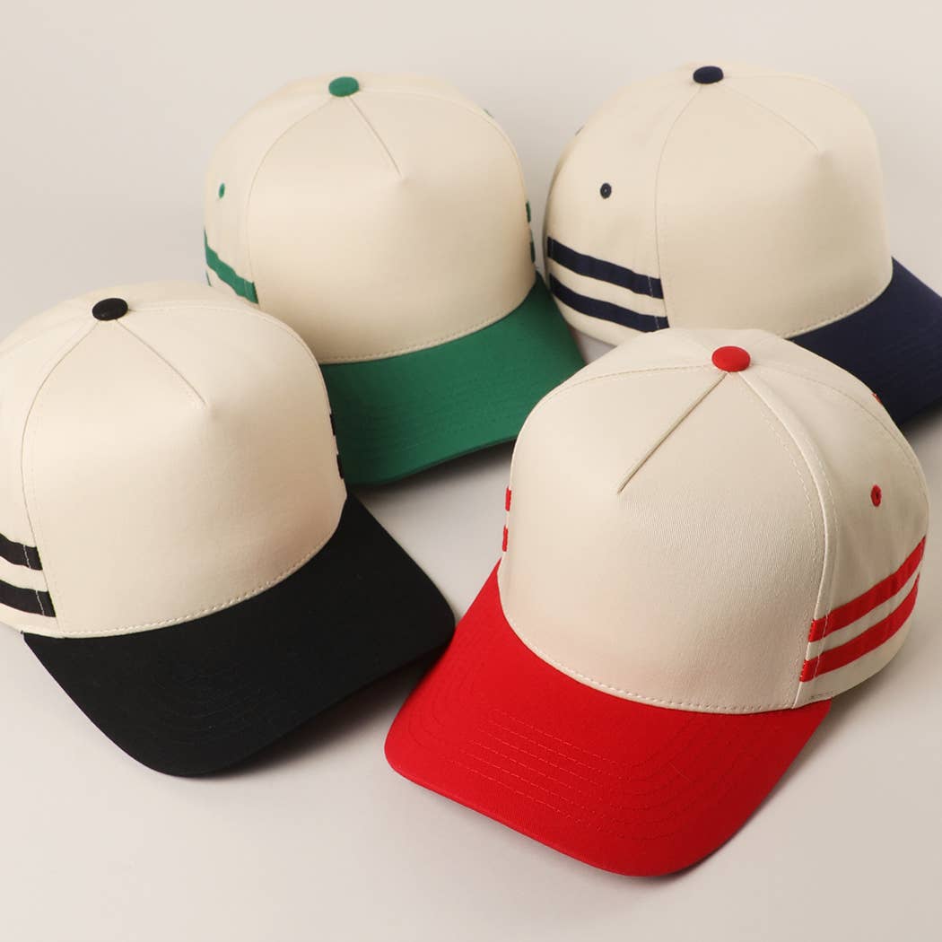 Two Tone Canvas Cotton Two Stripes Trucker Hat : RED / One Size