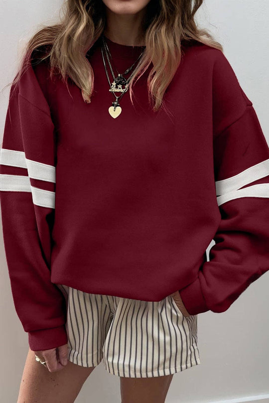 Varsity Stripe Drop Shoulder Oversized Women’s Sweatshirt: Fiery Red / 65%Polyester+35%Cotton / M