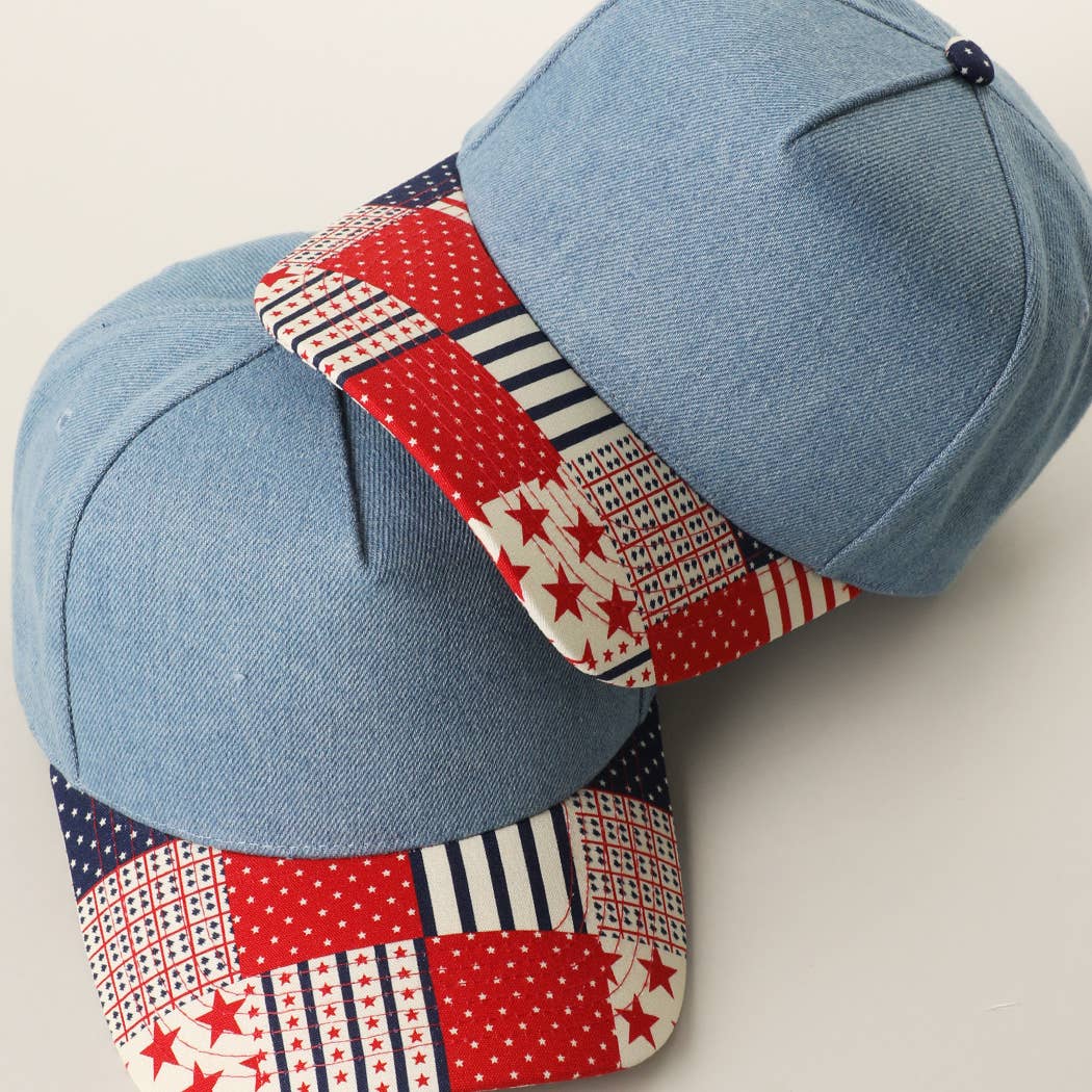 Denim Crown Patchwork USA Flag Print Brim Trucker Hat: DENIM / ONE SIZE