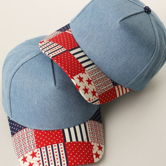 Denim Crown Patchwork USA Flag Print Brim Trucker Hat: DENIM / ONE SIZE