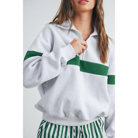 Two-Toned Half Zip Collar Sweatshirt - BMT7535: GREY / BLUE / S