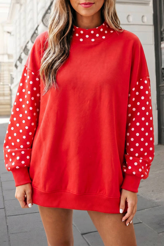 Polka dot print Patchwork Mock Neck Sweatshirt FW26 | S-XL: Evergreen / M