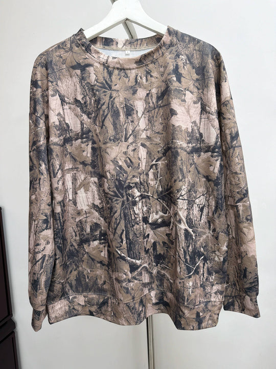 Camo Branch Print Oversized Crewneck Sweatshirt: Gray / 95%Polyester+5%Elastane / M