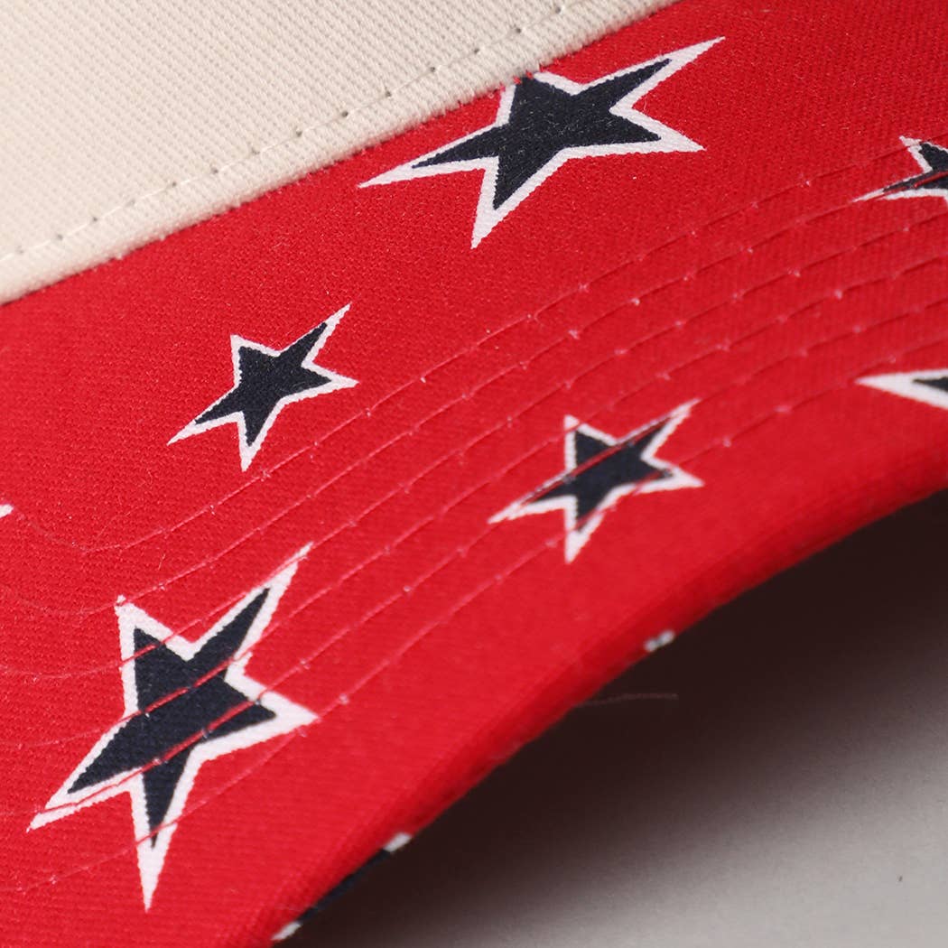 Star Print Brim 5 Panel Trucker Hat: RED / ONE SIZE