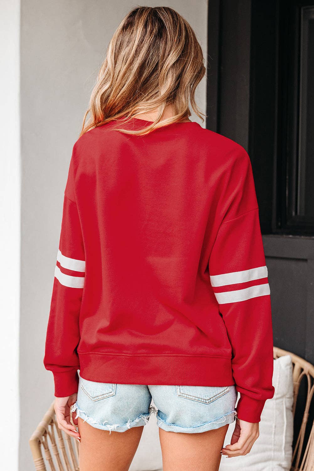 Varsity Stripe Drop Shoulder Oversized Women’s Sweatshirt: Fiery Red / 65%Polyester+35%Cotton / M
