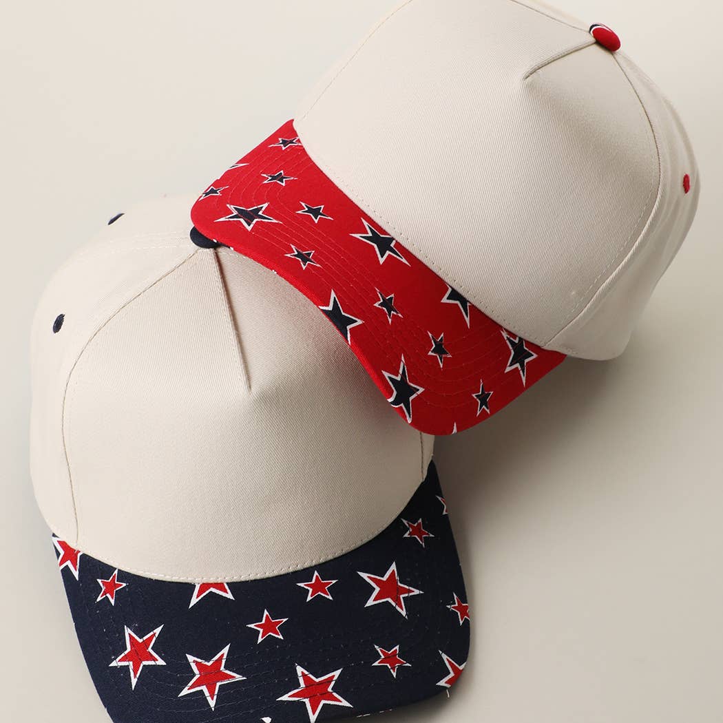 Star Print Brim 5 Panel Trucker Hat: RED / ONE SIZE