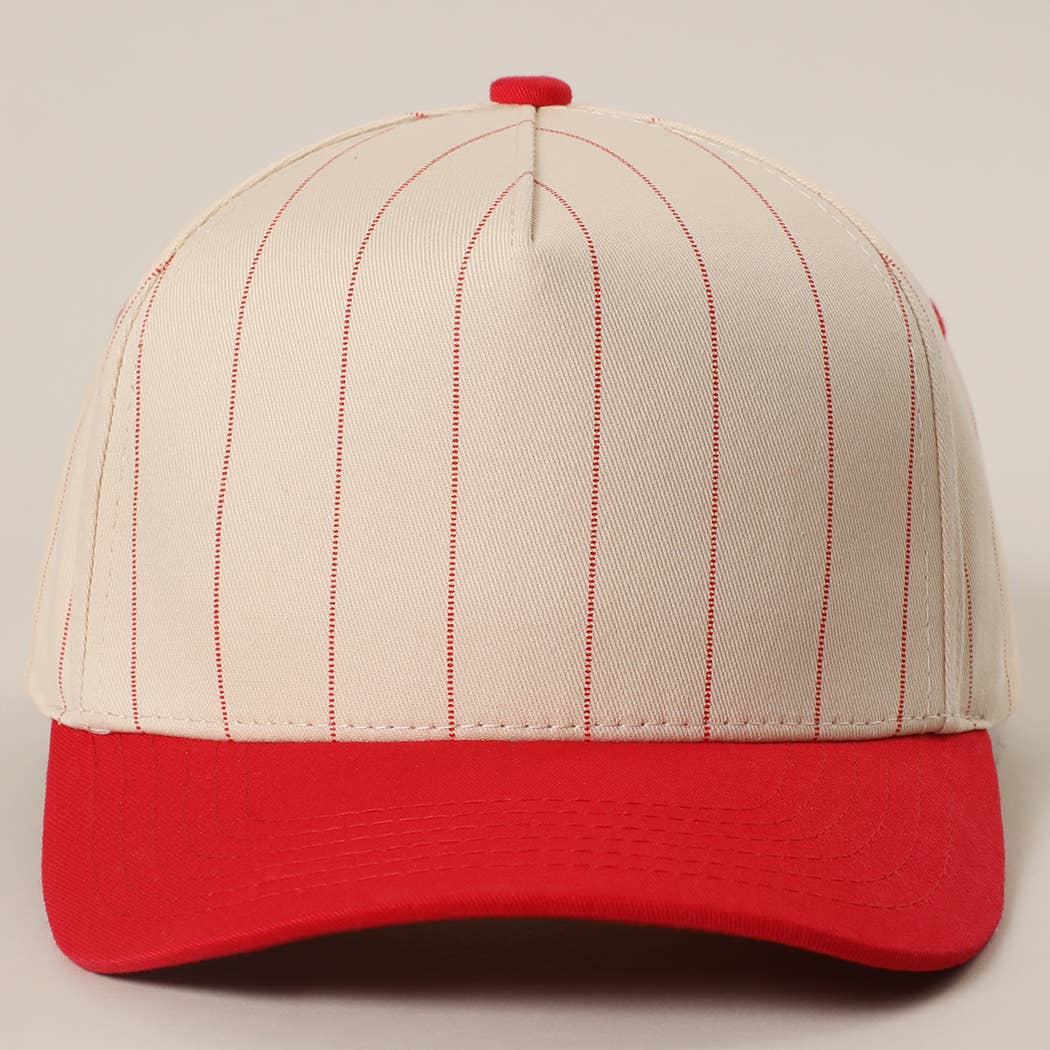 Two-Tone Pinstripe Canvas Trucker Hat: RED / One Size