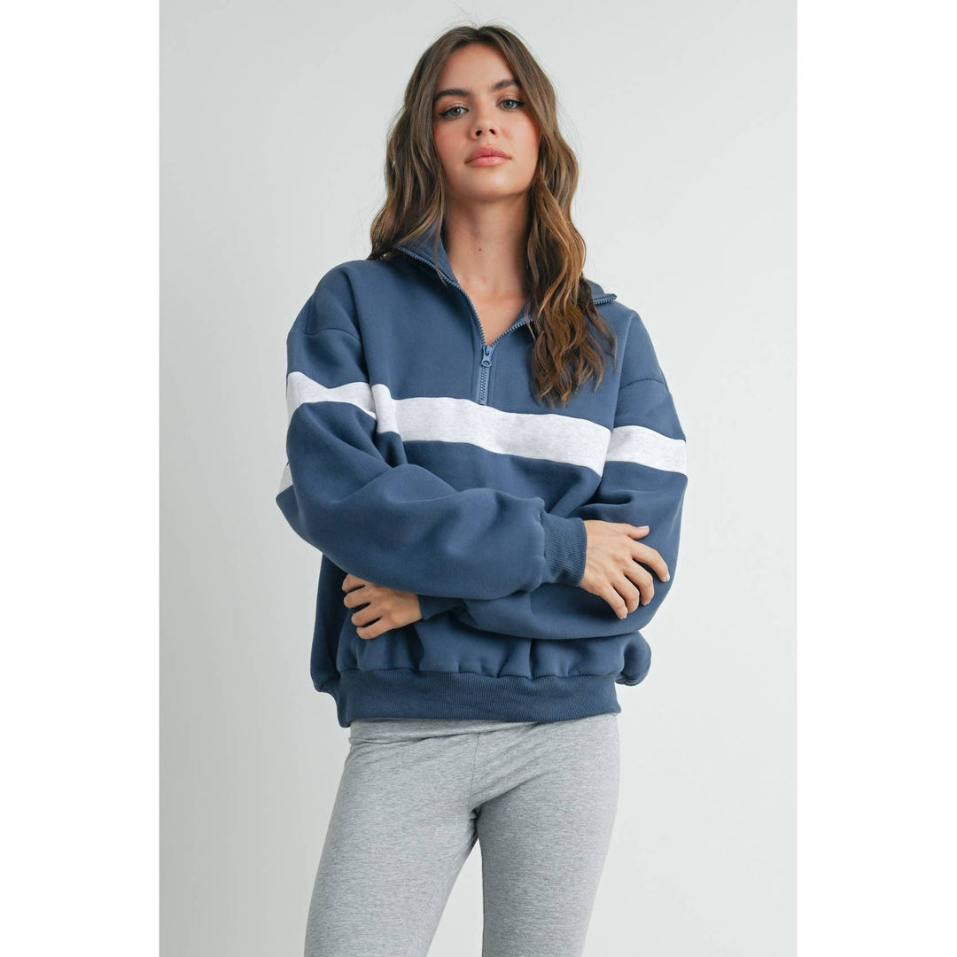 Two-Toned Half Zip Collar Sweatshirt - BMT7535: GREY / BLUE / M