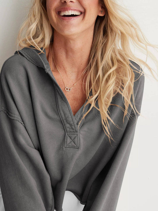 Oversized Hooded V Neck Sweatshirt Pullover Top: Dark Grey / S