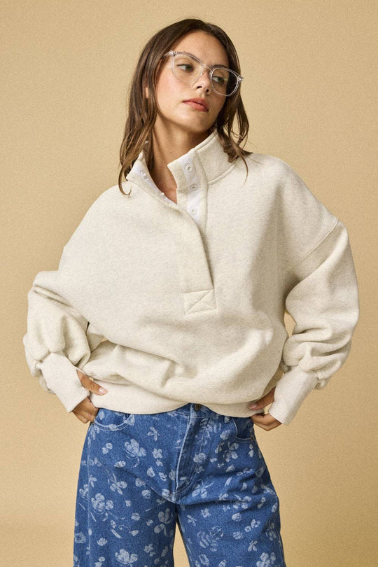 PT18729 - High Collar Half Button-Up Relaxed Fit Pullover: Red / S-M-L (2-2-2)