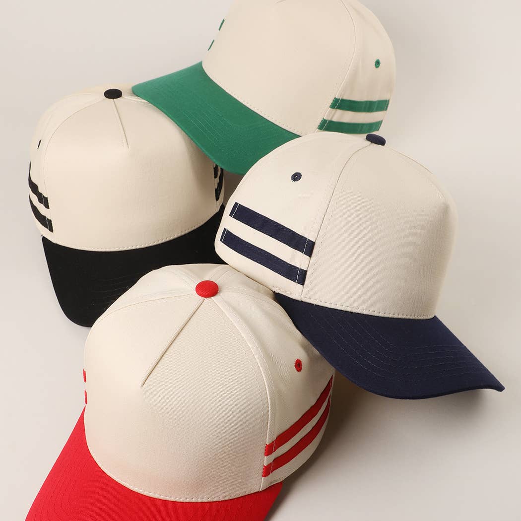 Two Tone Canvas Cotton Two Stripes Trucker Hat : RED / One Size