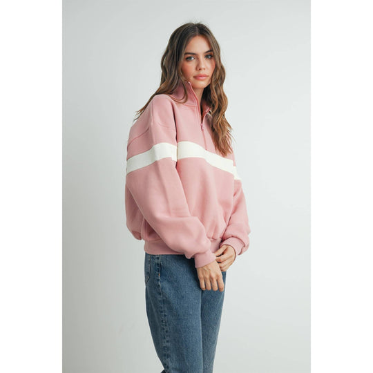 Two-Toned Half Zip Collar Sweatshirt - BMT7535: GREY / BLUE / L