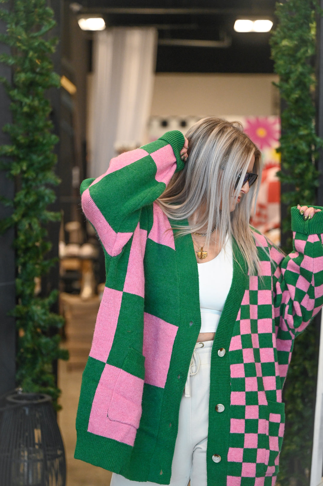 Green Checkered Oversized Cardigan