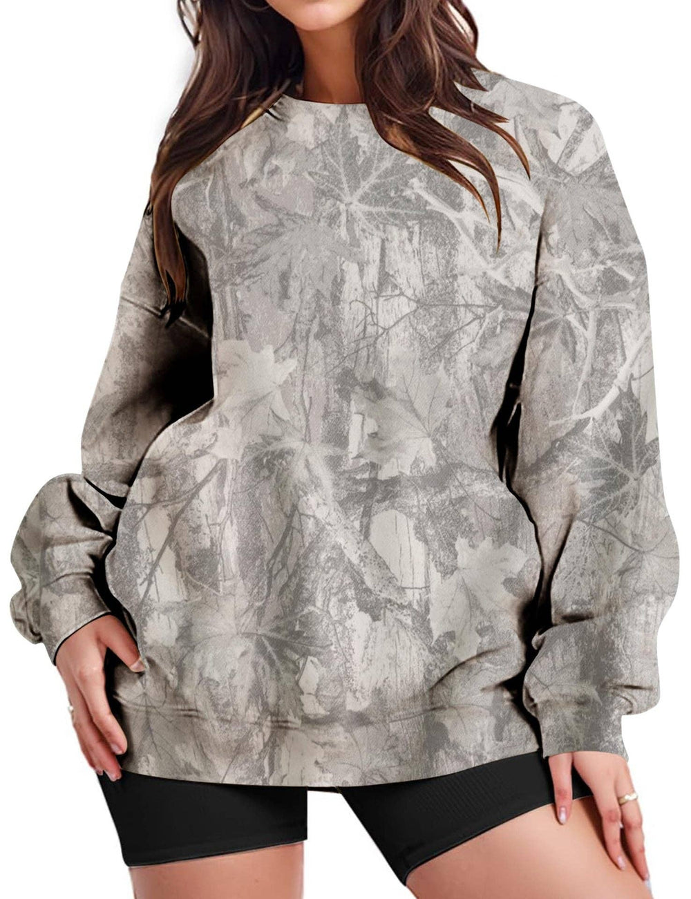 Camo Branch Print Oversized Crewneck Sweatshirt: Gray / 95%Polyester+5%Elastane / L