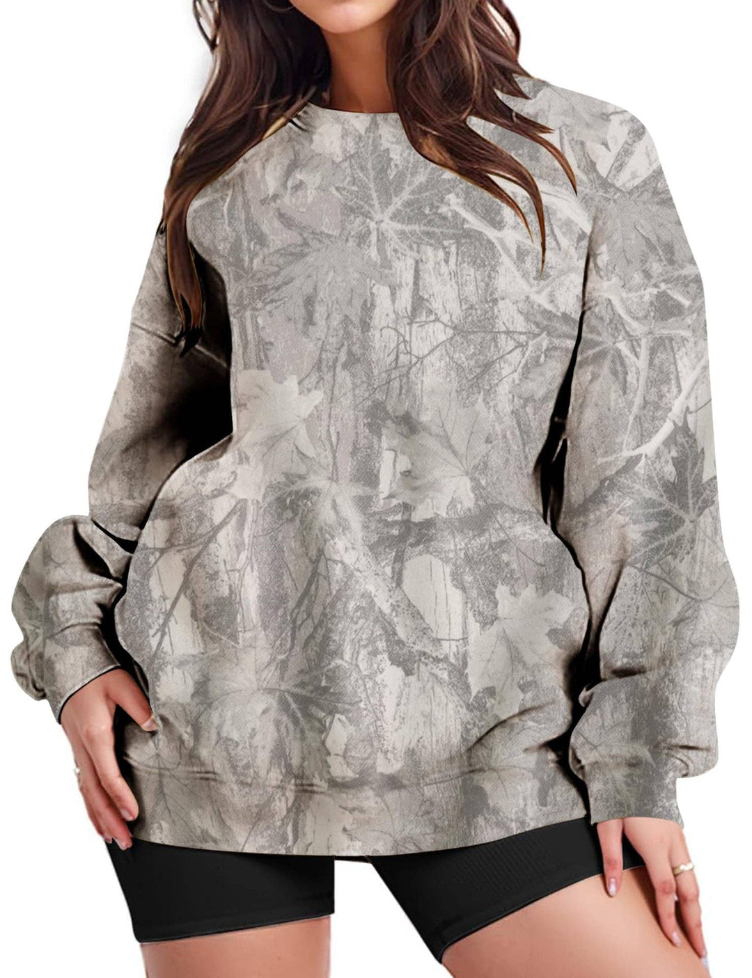 Camo Branch Print Oversized Crewneck Sweatshirt: Gray / 95%Polyester+5%Elastane / L