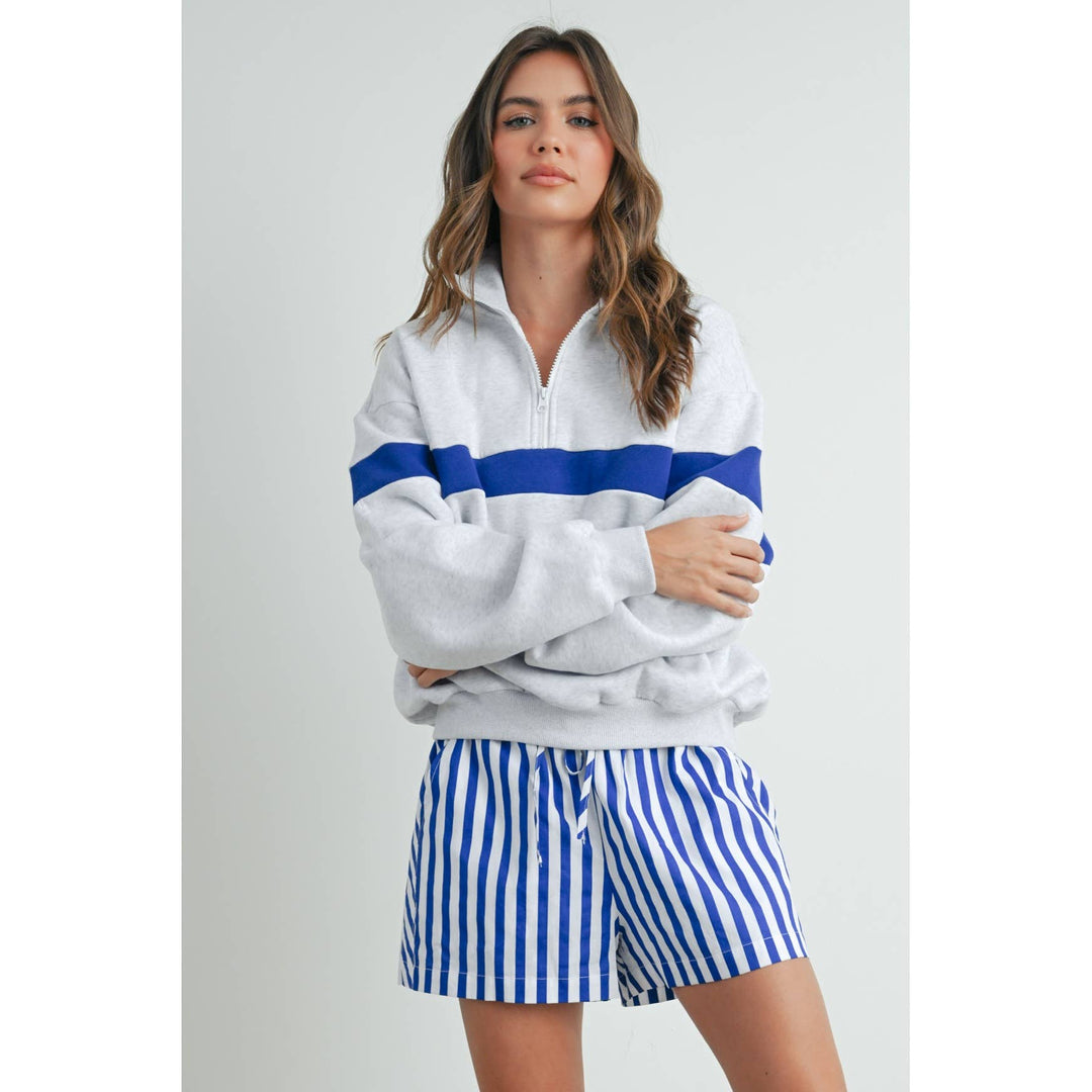 Two-Toned Half Zip Collar Sweatshirt - BMT7535: GREY / BLUE / S