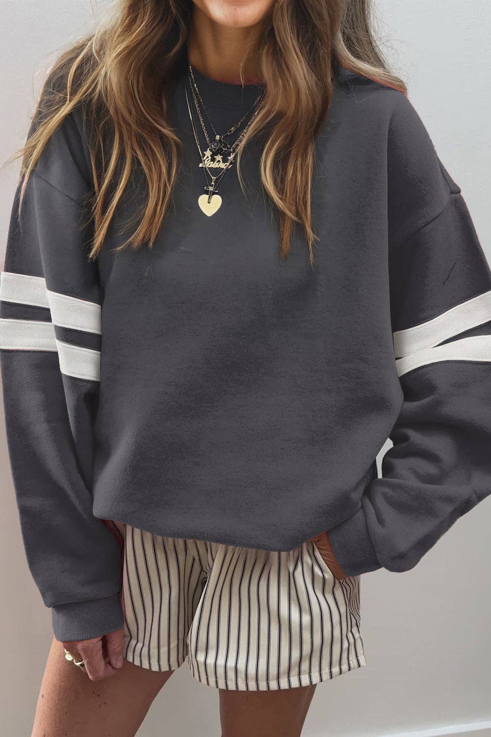 Varsity Stripe Drop Shoulder Oversized Women’s Sweatshirt: Fiery Red / 65%Polyester+35%Cotton / XL