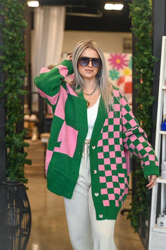 Green Checkered Oversized Cardigan