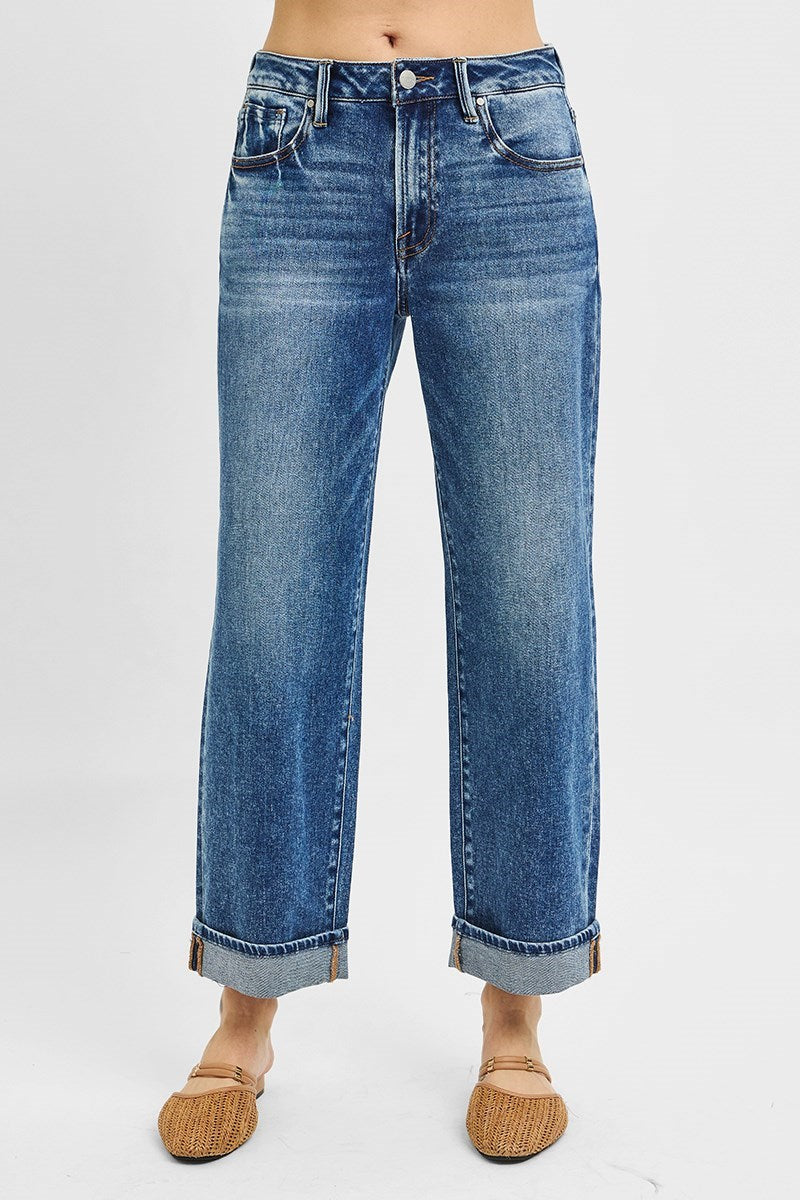 Risen High Rise Ankle Boyfriend Turn Up Cuffed Dark Wash Jeans