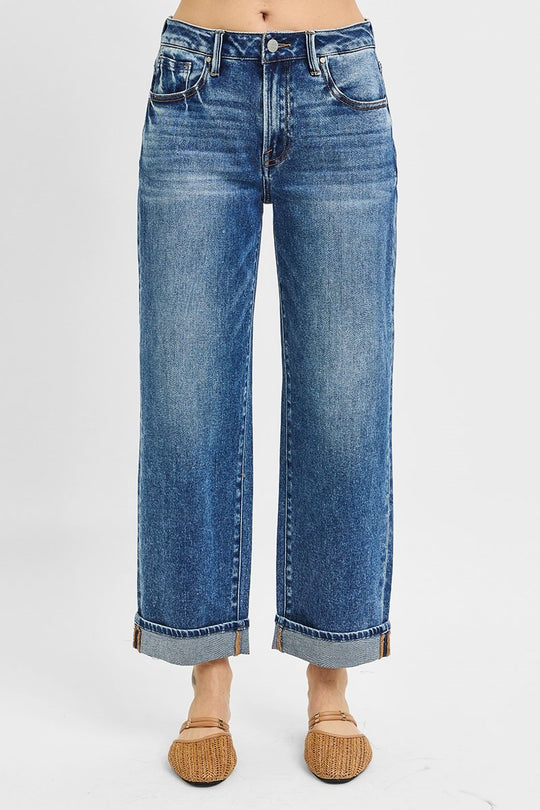 Risen High Rise Ankle Boyfriend Turn Up Cuffed Dark Wash Jeans