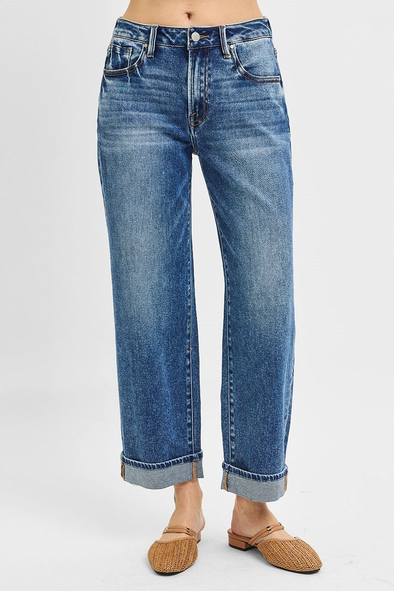 Risen High Rise Ankle Boyfriend Turn Up Cuffed Dark Wash Jeans