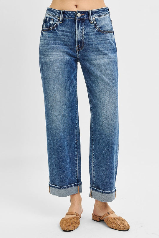 Risen High Rise Ankle Boyfriend Turn Up Cuffed Dark Wash Jeans