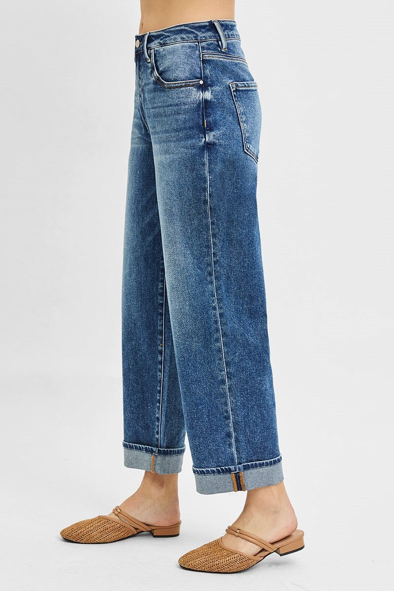 Risen High Rise Ankle Boyfriend Turn Up Cuffed Dark Wash Jeans