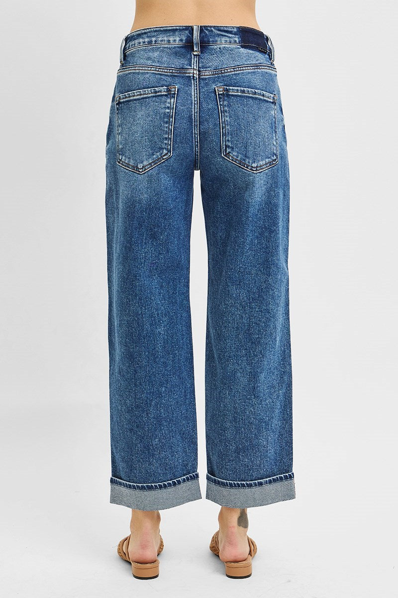 Risen High Rise Ankle Boyfriend Turn Up Cuffed Dark Wash Jeans