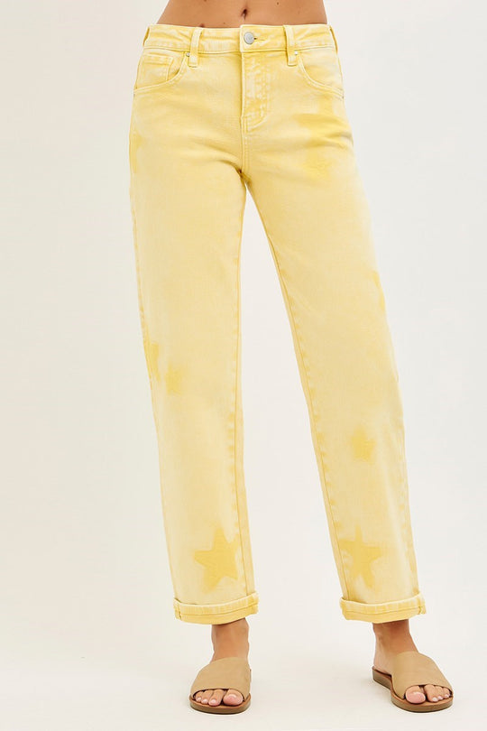 Risen Lemon Washed Star Stretchy Slim Barrel Boyfriend Jean