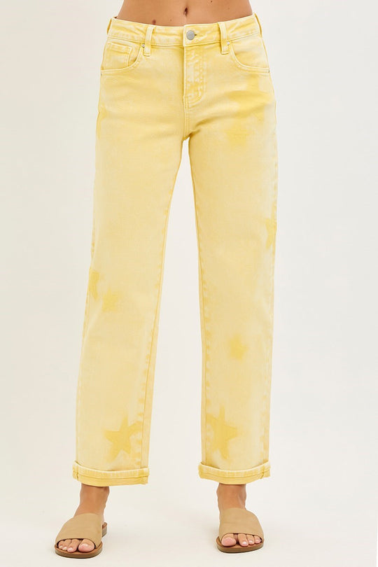 Risen Lemon Washed Star Stretchy Slim Barrel Boyfriend Jean