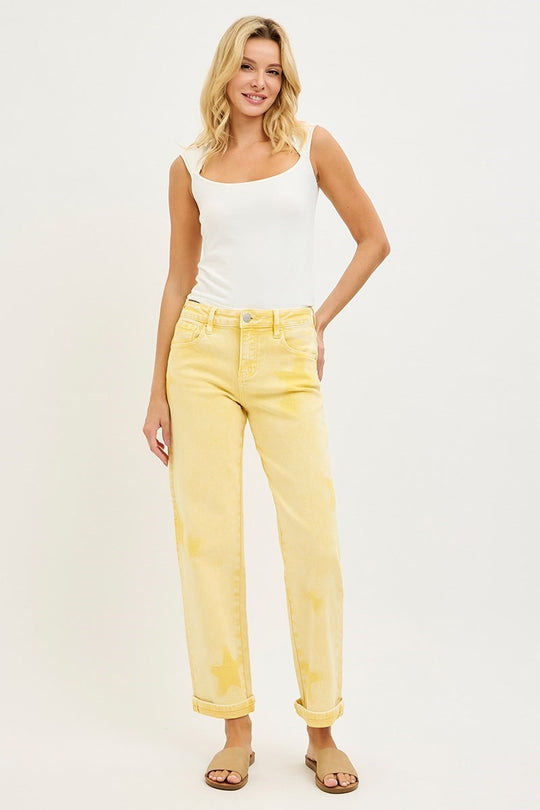 Risen Lemon Washed Star Stretchy Slim Barrel Boyfriend Jean