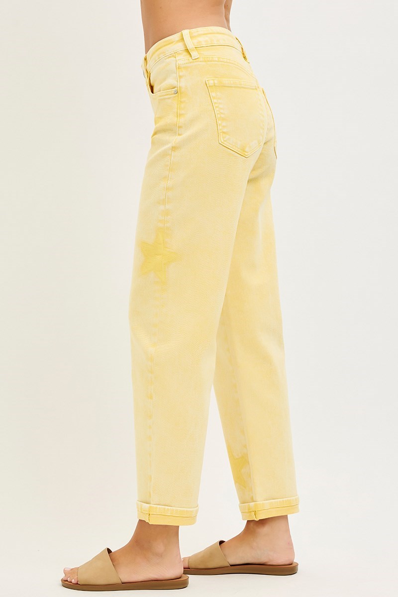 Risen Lemon Washed Star Stretchy Slim Barrel Boyfriend Jean