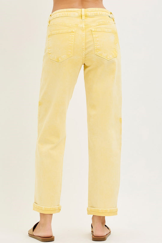 Risen Lemon Washed Star Stretchy Slim Barrel Boyfriend Jean
