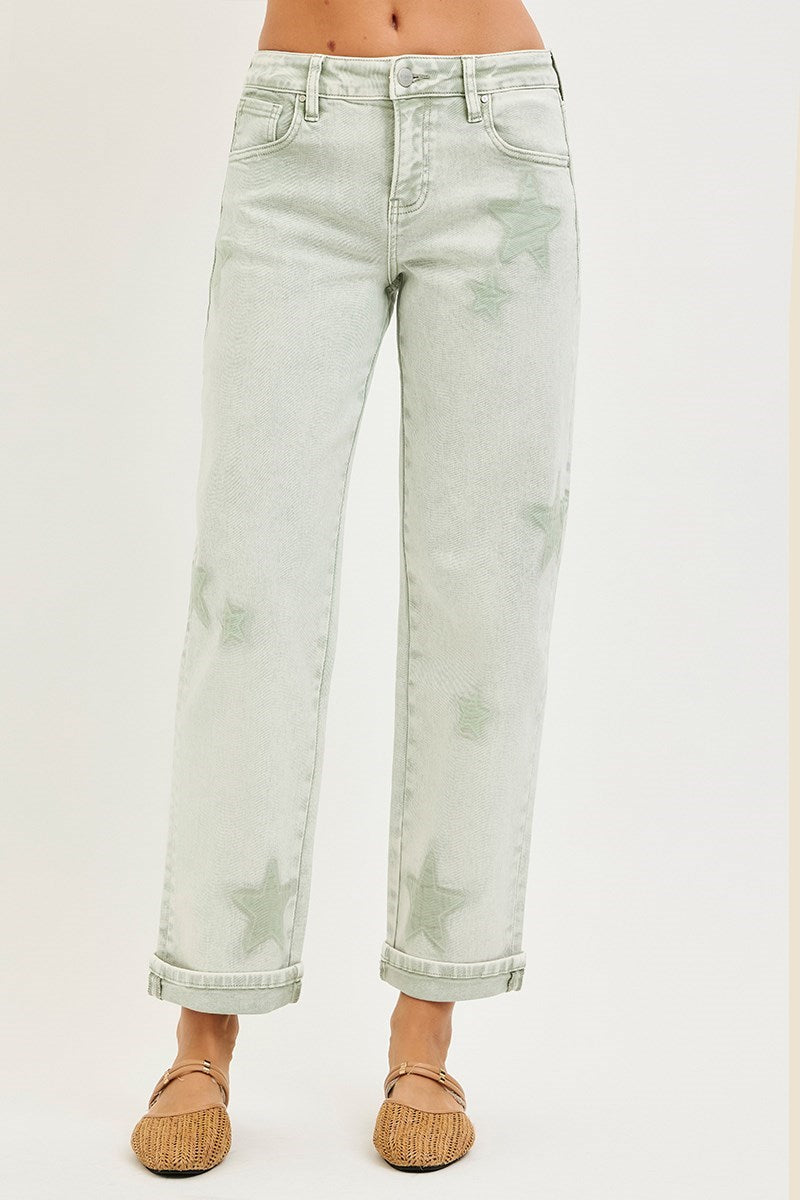 Risen Green Washed Star Stretchy Slim Barrel Boyfriend Jeans