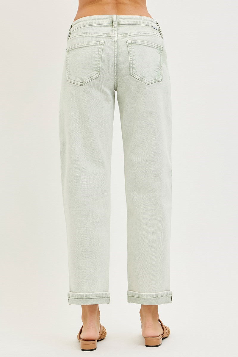 Risen Green Washed Star Stretchy Slim Barrel Boyfriend Jeans