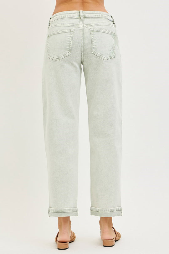 Risen Green Washed Star Stretchy Slim Barrel Boyfriend Jeans
