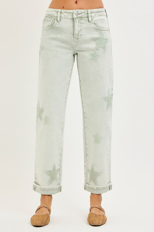 Risen Green Washed Star Stretchy Slim Barrel Boyfriend Jeans